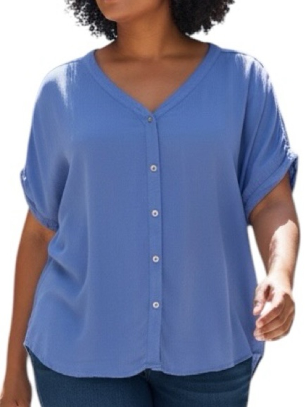 Orvis Dusty Blue V-Neck Button-Front Blouse Size Large